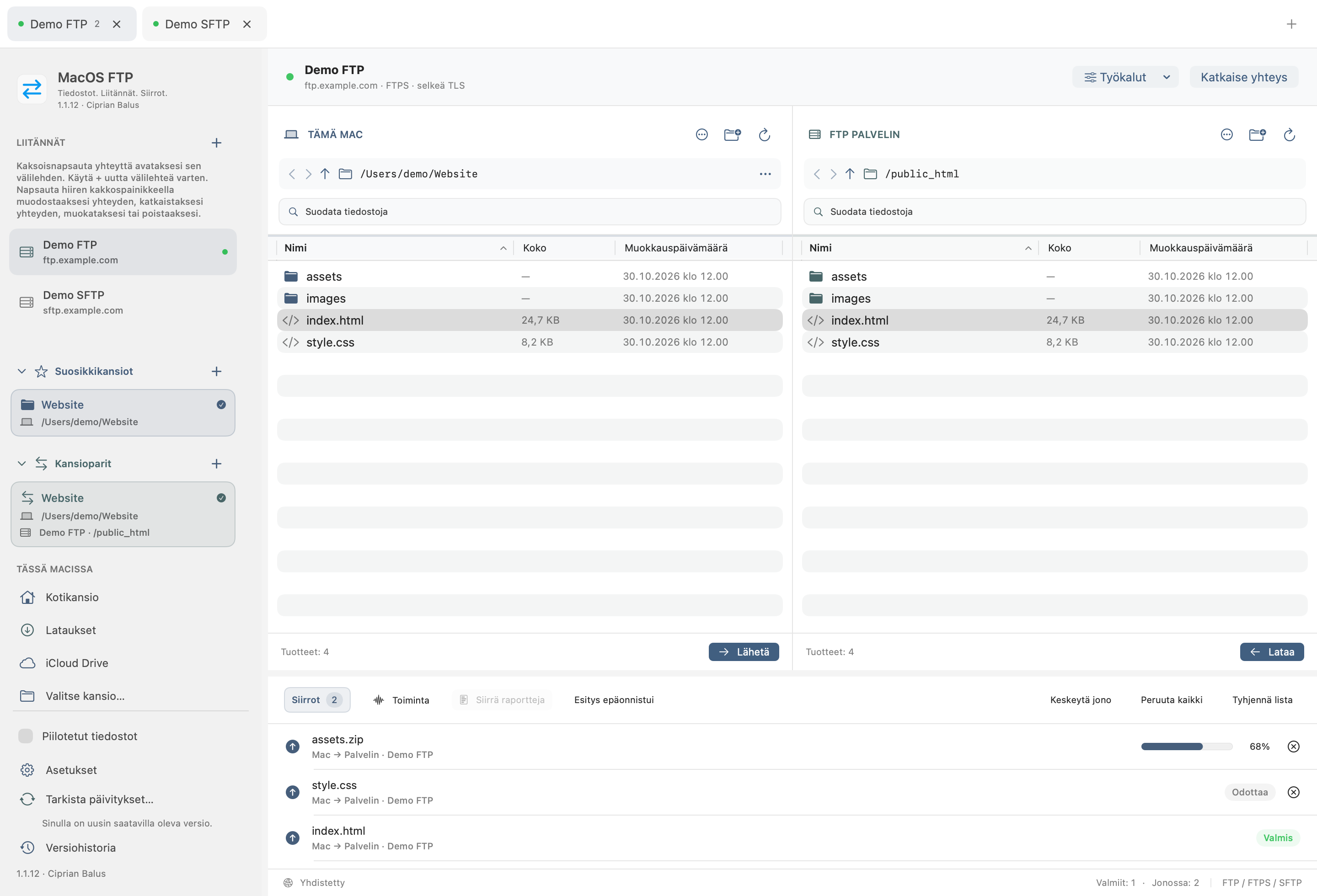 MacOS FTP 1.1.12 · TÄMÄ MAC / FTP PALVELIN · Siirrot · Suomi