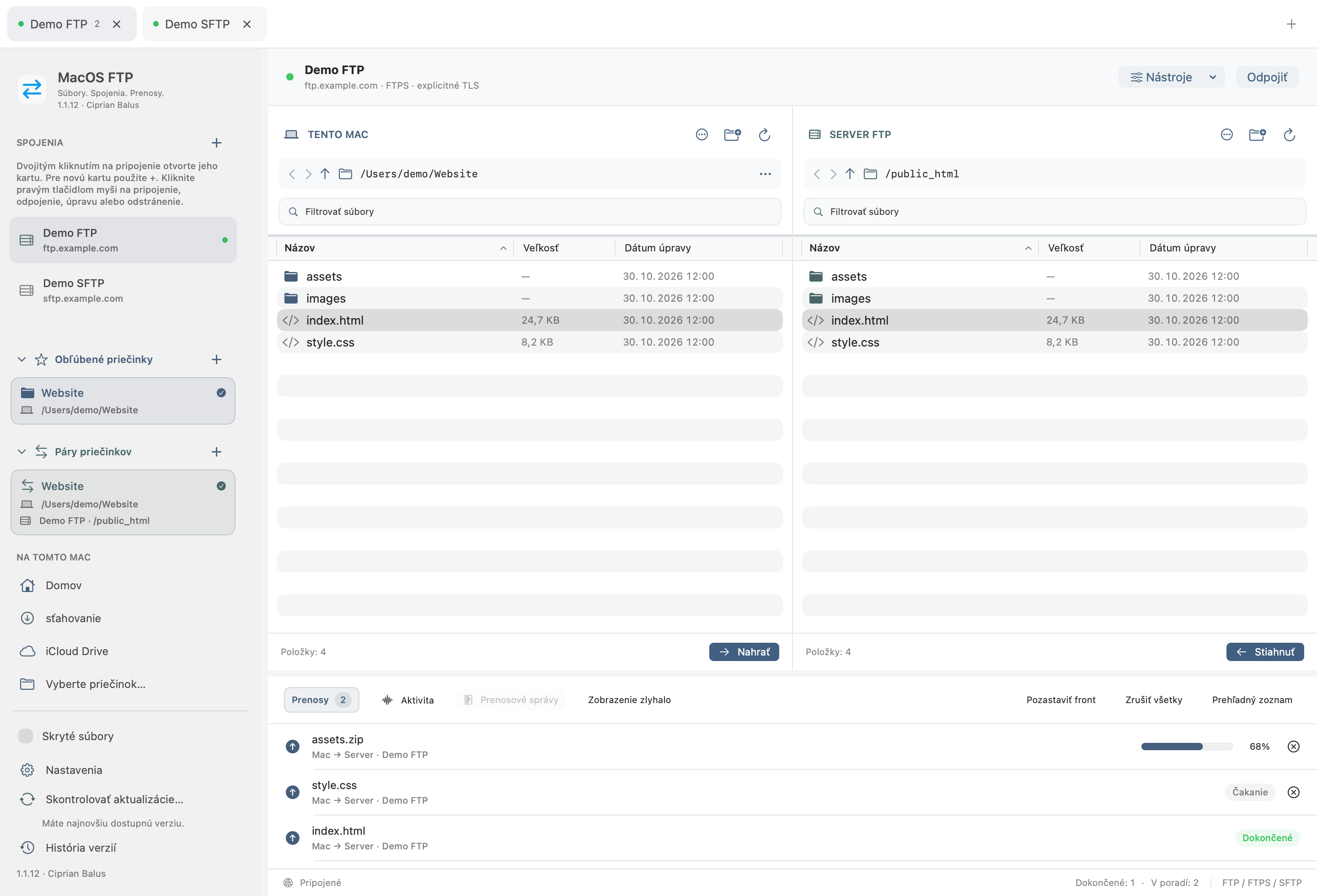 MacOS FTP 1.1.12 · TENTO MAC / SERVER FTP · Prenosy · Slovenčina